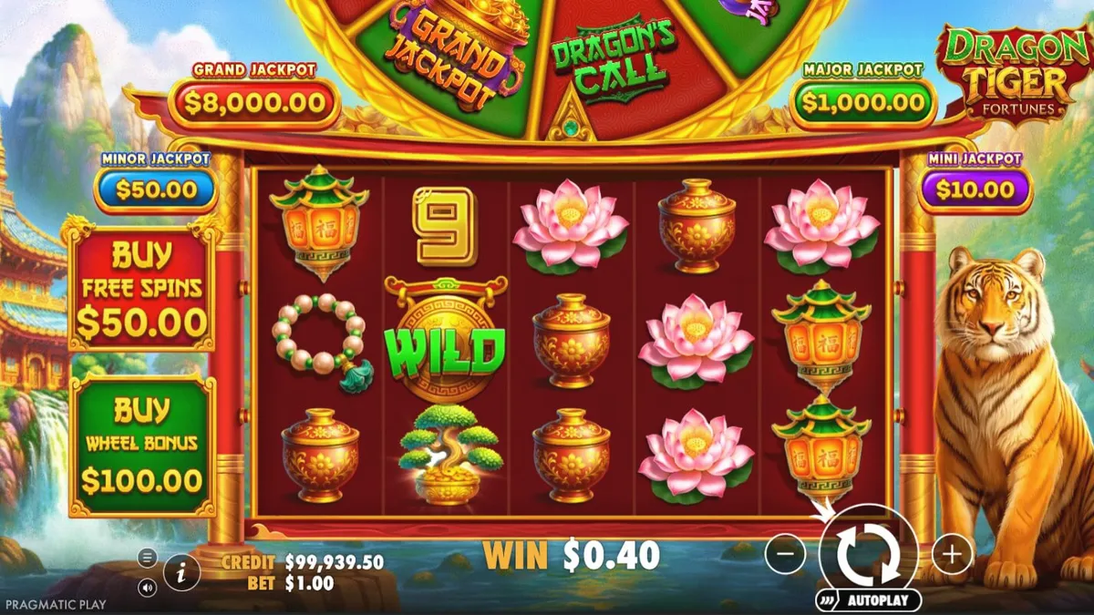 Interface vibrante e dourada do slot Dragon Tiger Fortunes com símbolos temáticos orientais