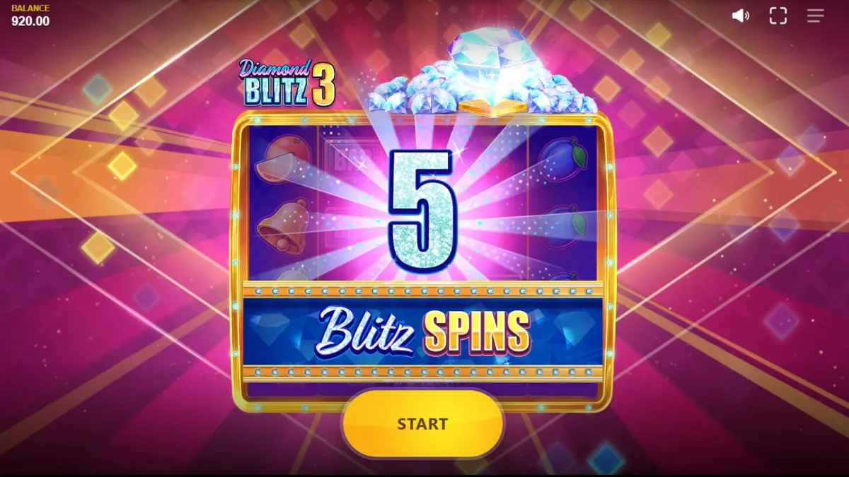 Interface do jogo Diamond Blitz 3 com símbolos de frutas e diamantes brilhantes