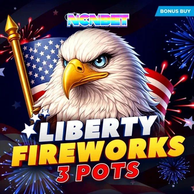 Captura de tela do jogo Liberty Fireworks 3 Pots, mostrando rolos vibrantes com símbolos de fogos de artifício e potes de bônus.